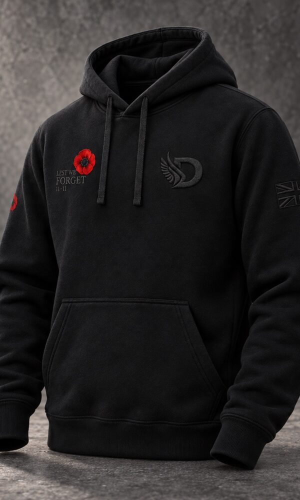 Black DROW Lest We Forget Hoodie, front three-quarter view showing the left sleeve