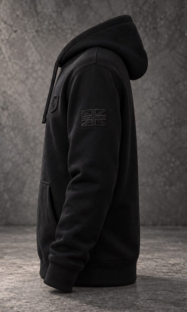 Black DROW Lest We Forget Hoodie, left side view with Union Jack sleeve detail