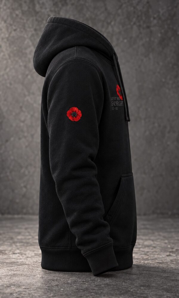 Black DROW Lest We Forget Hoodie, right side view with red poppy sleeve detail