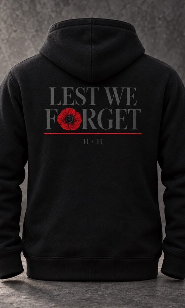 Black DROW Lest We Forget Hoodie, back view with Lest We Forget, red poppy and 11·11 design
