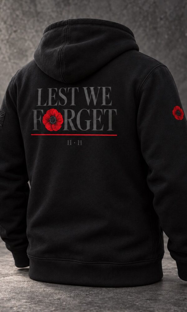 Black DROW Lest We Forget Hoodie, back three-quarter view showing the right sleeve
