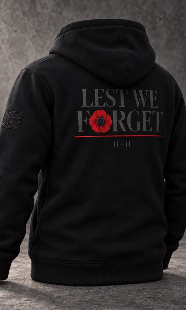 Black DROW Lest We Forget Hoodie, back three-quarter view showing the left sleeve